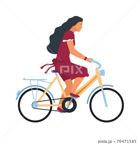 Woman on bike. Cartoon female character riding on bicycle. Profile view of young cute cyclist. Girl traveling around city on cycle and biking in park. Vector summer outdoor activity 76471585
