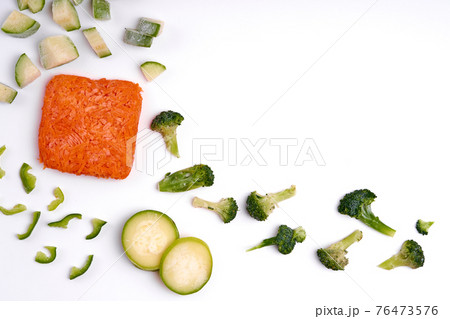 Handmade frozen semi-finished vegetable preparation. Chopped vegetables for quick cooking 76473576