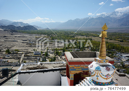 Landscape from Diskit Monastery also known as Deskit Gompa or Diskit Gompa is the oldest and largest Buddhist monastery, Nubra valley, Jammu and Kashmir, India 76477499