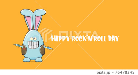 World rock n roll day horizontal banner with funny cartoon rock star rabbit character isolated on orange background. Rock n roll poster 76478245