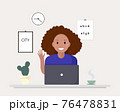 African american freelancer woman work from home vector flat illustration. Black skin female chatting or watching movie use laptop isolated. Black woman working at home. Home office concept. 76478831