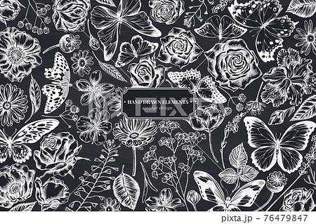 Floral design with chalk shepherd s purse, heather, iris japonica, sakura, gypsophila, chamomile 76479847