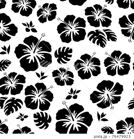 ハイビスカスの花とモンステラのシームレスパターン イラスト素材 シルエットのイラスト素材