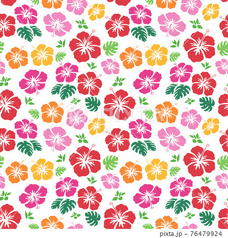 ハイビスカスの花とモンステラのシームレスパターン_イラスト素材_カラフル 76479924