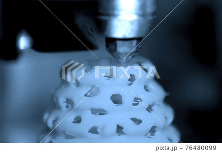 3d printer printing objects blue gray color form closeup. 76480099