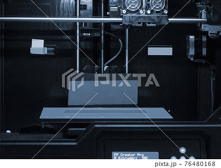 Empty 3d front printer inside. Blue backlight. Progressive modern Empty 3d front printer inside. Blue backlight. Progressive modern 76480168