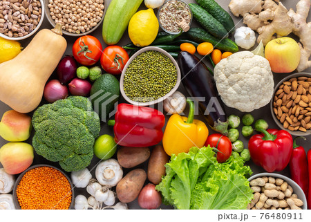 Background of vegetables, seeds, nuts and beans 76480911