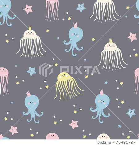 Seamless patterns with sea inhabitants. Cute starfishes, jellyfish and octopus on a gray background. Vector. For design, decor, printing, packaging, textiles and wallpaper 76481737