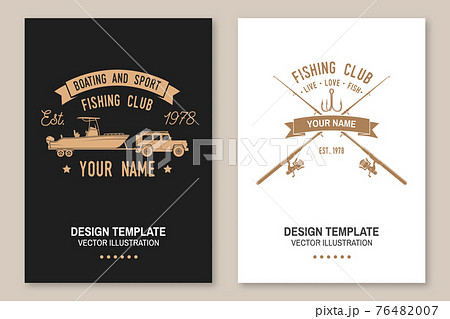 Sport Fishing club. Vector. Flyer, brochure, banner, poster design with fish rod and fishing boat silhouette. Outdoor adventure fishing club emblem Sport Fishing club. Vector. Flyer, brochure, banner, poster design with fish rod and fishing boat silhouette. Outdoor adventure fishing club emblem 76482007