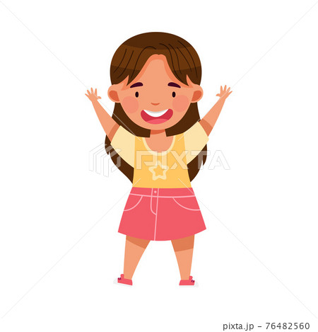 Smiling Girl Character Greeting Waving Hands Vector Illustration 76482560