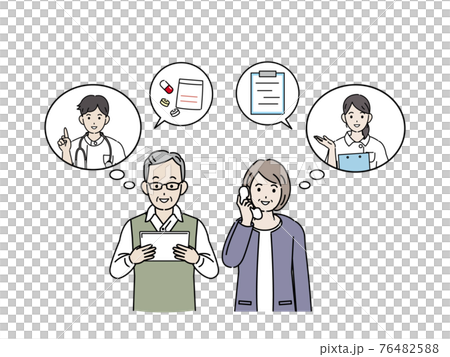 在線看病醫生、老年夫婦、老人電話預約、插圖素材 76482588