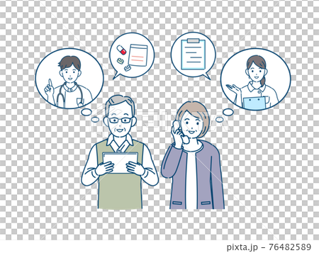 Online medical treatment doctor, elderly couple, senior telephone reservation, illustration material 76482589