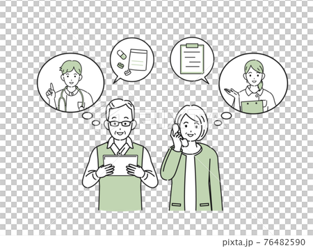 在線看病醫生、老年夫婦、老人電話預約、插圖素材 76482590