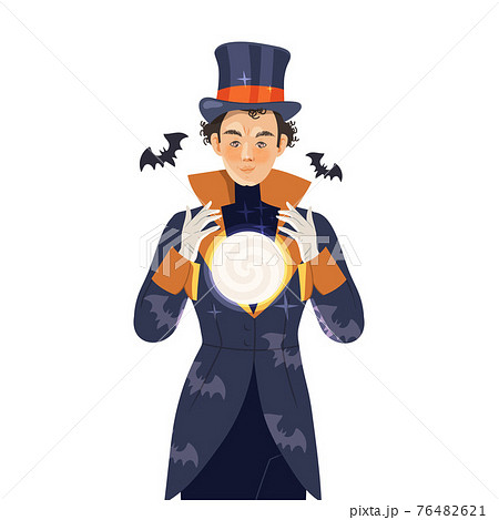 Man Psychic and Stage Magician in Top Hat Performing Trick Holding Crystal Ball Vector Illustration Man Psychic and Stage Magician in Top Hat Performing Trick Holding Crystal Ball Vector Illustration 76482621