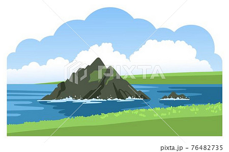 Green coastline with the rock on the horizon. Seascape panoramic view. Ocean landscape with big cloud. Green coastline with the rock on the horizon. Seascape panoramic view. Ocean landscape with big cloud. 76482735