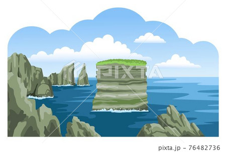 Dan Bristy rock. Sea nature landscape with fluffy clouds and rocks, cliffs, stones. Colorful panoramic irish scenery. Dan Bristy rock. Sea nature landscape with fluffy clouds and rocks, cliffs, stones. Colorful panoramic irish scenery. 76482736