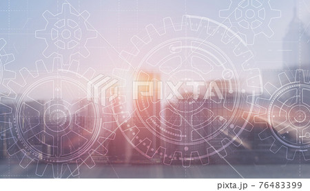 Gears on modern architecture background. Business processes concept Gears on modern architecture background. Business processes concept 76483399