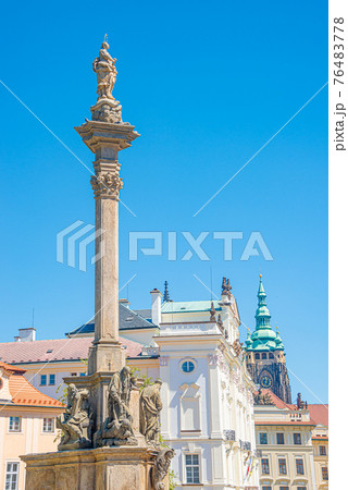 Marian Column or Holy Trinity at Hradcanske Square for bubonic plague pandemics in Prague, Czech Republic, details, closeup 76483778