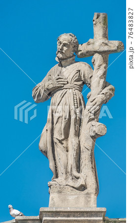 Decorative facade sculptures at Jesuit church of St. Ignatius of Loyola at Charles Square in Prague, Czech Republic 76483827