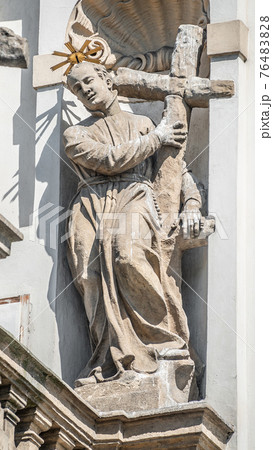 Decorative facade sculptures at Jesuit church of St. Ignatius of Loyola at Charles Square in Prague, Czech Republic 76483828