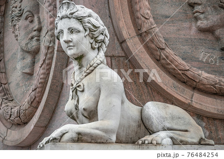 Statue of beautiful sphinx in downtown of Potsdam, Germany, portrait, details 76484254