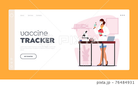 Vaccine Tracker Landing Page Template. Doctor Character Working in Medical Laboratory Examining Blood Test for Covid 76484931