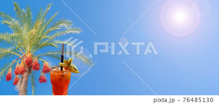 Banner concept with colorful date palm tree with fruits and tropical cocktail at blue gradient background with copy space and tropical hot sun lens flare effect, details, closeup. 76485130