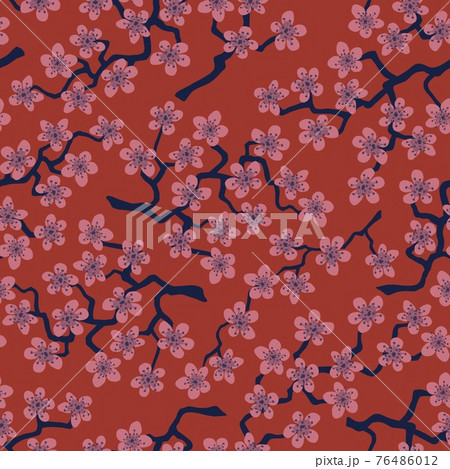 Seamless pattern with blossoming Japanese cherry sakura branches.Pink flowers on brown background 76486012