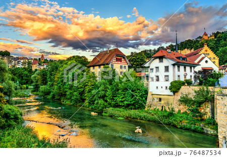 Fribourg at the Sarine River in Switzerland 76487534