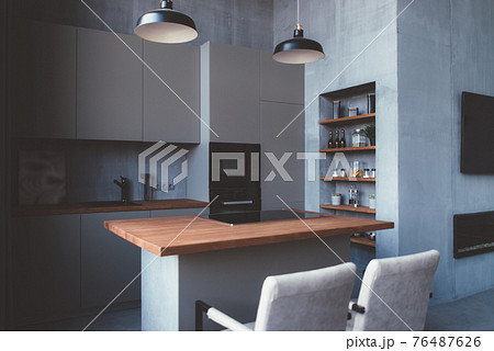 Modern kitchen interior design with furniture and table. 76487626
