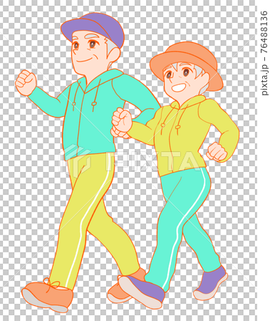 ウォーキングするシニア夫婦のイラスト 76488136
