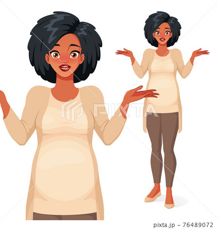 Questioning black pregnant woman shrugging shoulders. Isolated vector illustration. Questioning black pregnant woman shrugging shoulders. Isolated vector illustration. 76489072