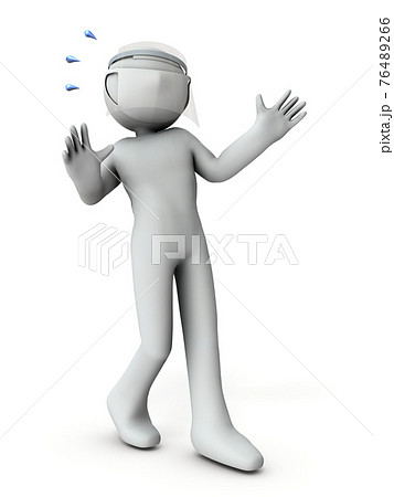 フェイスガードをつけたキャラクター。彼は驚き、後ずさる。白バック。3Dレンダリング。 76489266