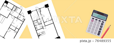 マンションの間取り図の図面と電卓のイラスト見取り図 マイホーム購入検討賃貸住宅のイラスト素材