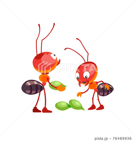 Cartoon Red ants work as a team. The concept of collaboration. Orange fire insect build a nest and collect food for the winter. Vector illustration isolated on white background Cartoon Red ants work as a team. The concept of collaboration. Orange fire insect build a nest and collect food for the winter. Vector illustration isolated on white background 76489936