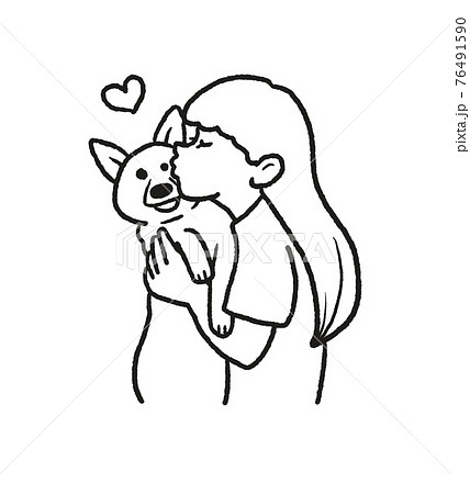 犬とスキンシップをする線画イラストのイラスト素材