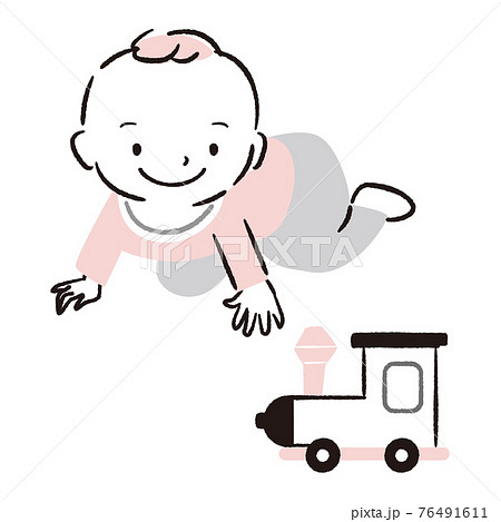 手描き1color 赤ちゃん 汽車のおもちゃで遊ぶのイラスト素材