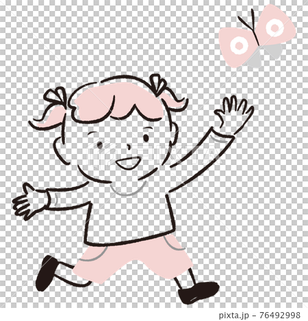手描き1color　 蝶々を追いかける女の子の赤ちゃん 76492998