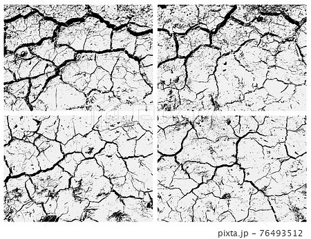 Set of cracked earth textures. Black and white texture. Cracks on the surface of dry soil. Structure of cracked ground. Set of cracked earth textures. Black and white texture. Cracks on the surface of dry soil. Structure of cracked ground. 76493512
