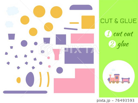 Cut and glue paper cartoon pink train. Cut and paste craft activity page. Educational game for preschool children. DIY worksheet. Kids logic game, activities jigsaw. Vector stock illustration. 76493593