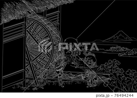 葛飾北斎イメージ隠田の水車線反転 76494244