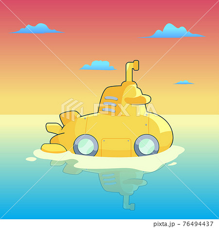 Yellow Submarine with periscope, sea, and sunset sky. Underwater ship Flat design Yellow Submarine with periscope, sea, and sunset sky. Underwater ship Flat design 76494437
