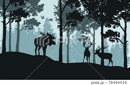 Landscape background with green forest, deers, moose, and flying birds 76494439