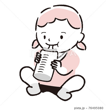 手描き1color 座ってミルクを飲む女の子の赤ちゃんのイラスト素材