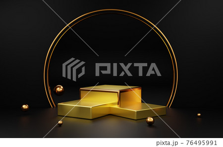 Gold podium empty with geometric shapes in black composition for modern stage display and minimalist mockup ,abstract showcase background ,Concept 3d illustration or 3d render Gold podium empty with geometric shapes in black composition for modern stage display and minimalist mockup ,abstract showcase background ,Concept 3d illustration or 3d render 76495991