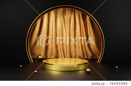 Gold podium empty with geometric shapes in black composition for modern stage display and minimalist mockup ,abstract showcase background ,Concept 3d illustration or 3d render Gold podium empty with geometric shapes in black composition for modern stage display and minimalist mockup ,abstract showcase background ,Concept 3d illustration or 3d render 76495992