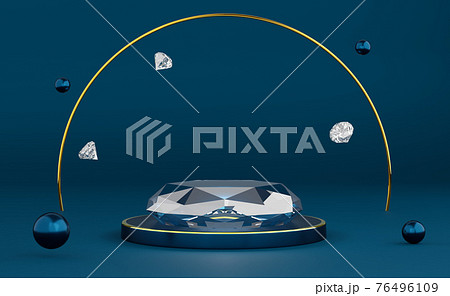 podium empty with diamond and geometric shapes in blue composition for modern stage display and minimalist mockup ,abstract showcase background ,Concept 3d illustration or 3d render 76496109