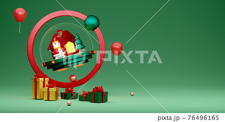 Gift box and snowman with Christmas tree and snow globe in green composition for website or poster or Happiness cards,Christmas banner and festive New Year, realistic 3d illustration or 3d render 76496165