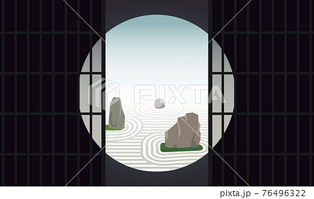 丸窓障子からみる庭園風景 76496322