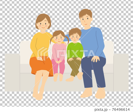 A group of four family members sitting on the sofa 76496614